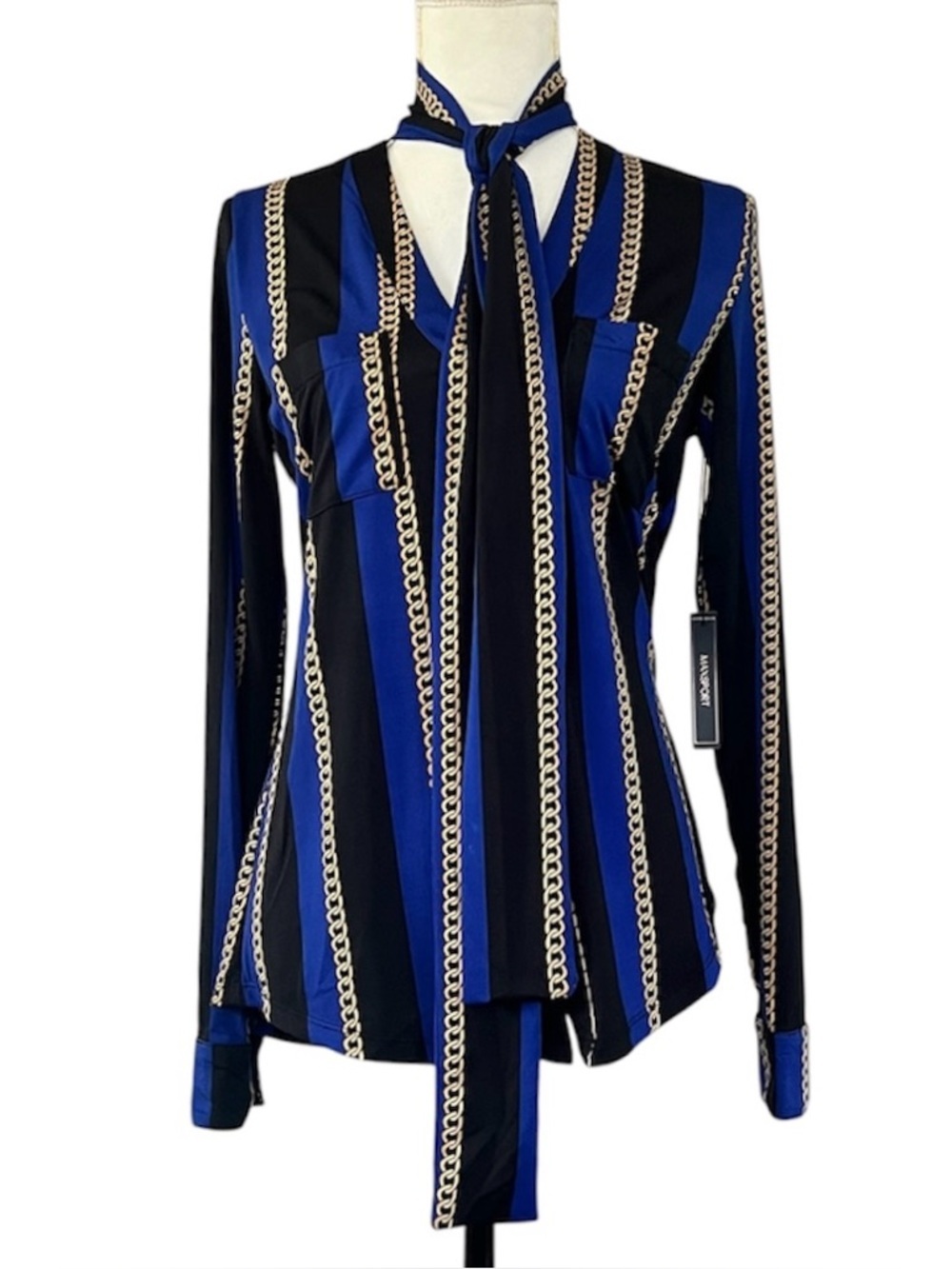 NWT MaxSport Chain Print Pattern Neck Tie Long Sleeve Cobalt Blouse Size Medium - Picture 2 of 13